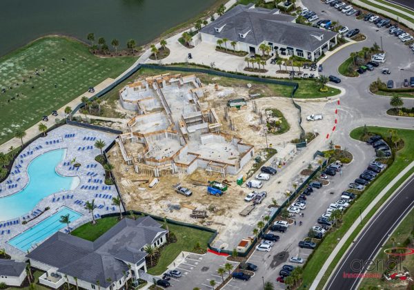 Structural concrete forms rising on the Babcock Ranch clubhouse commercial build